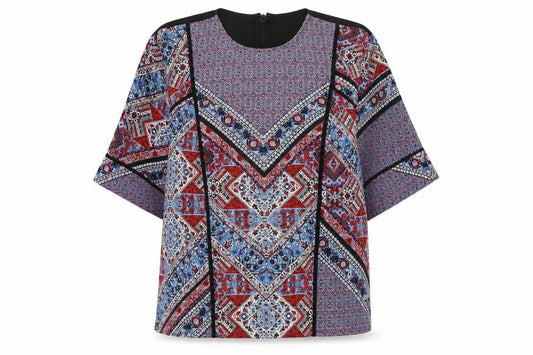 Front view of Topshop women’s multicoloured geometric polyester basic blouse, size UK 8, round neck