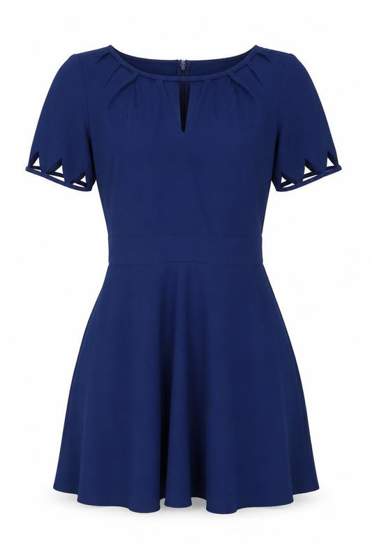 Front view of ASOS women’s blue polyester mini, size UK 6, round neck zip