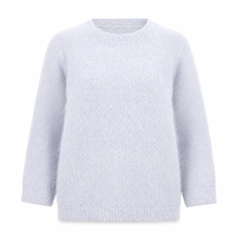 Front view of Golddigga women’s blue crew neck nylon jumper, size UK 10