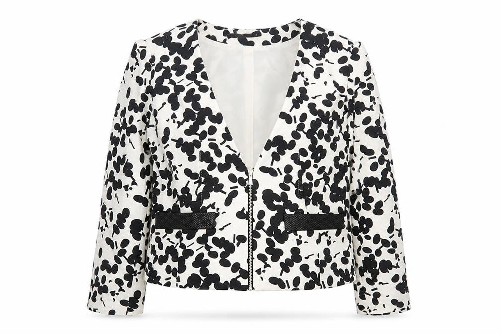 Front view of Zara women’s white floral jacket, size L, zip