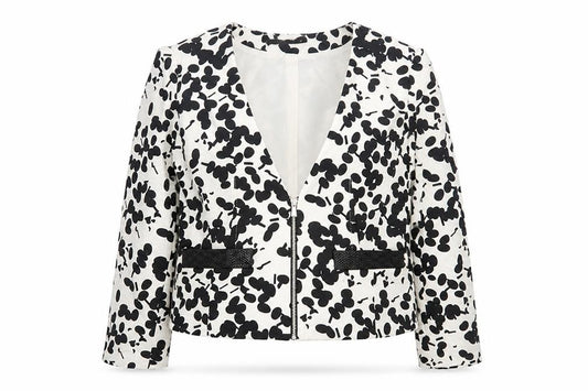 Front view of Zara women’s white floral jacket, size L, zip
