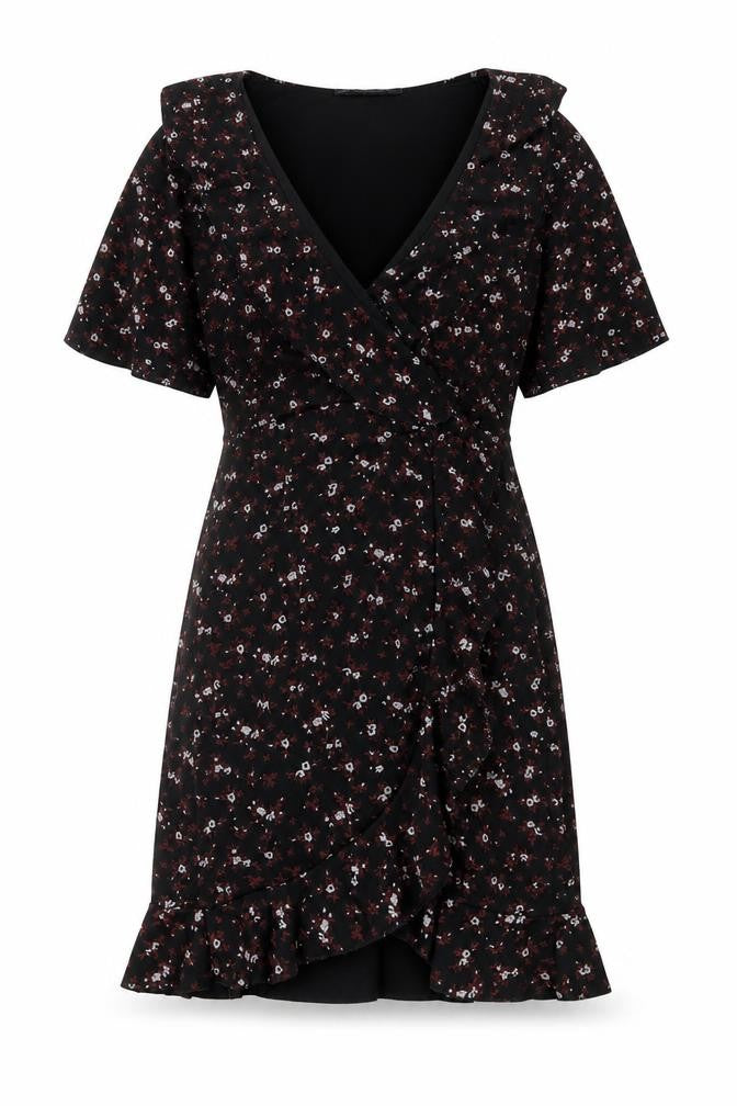 Front view of PRETTYLITTLETHING women’s black floral polyester shift, size UK 4, v-neck pullover
