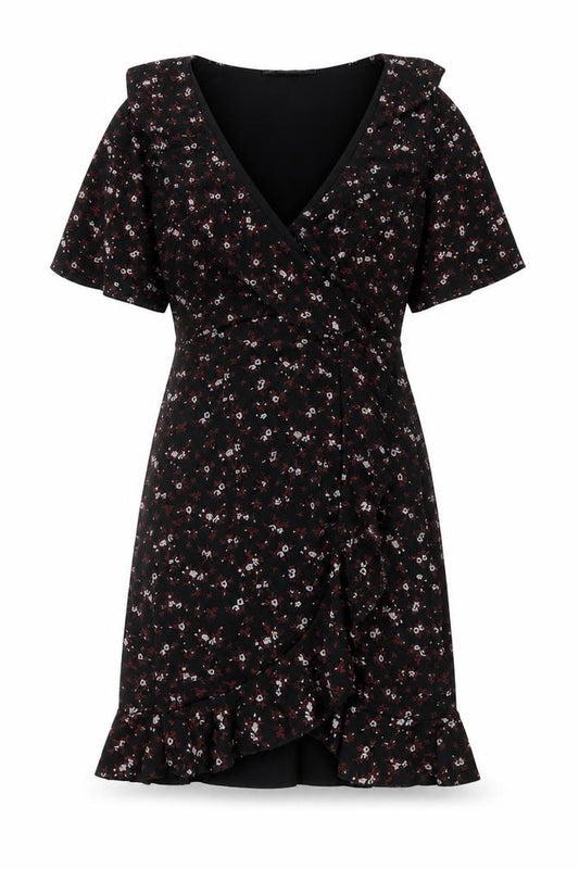 Front view of PRETTYLITTLETHING women’s black floral polyester shift, size UK 4, v-neck pullover