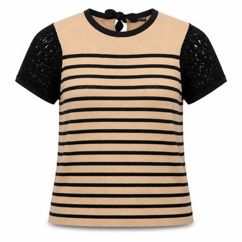 Marks and Spencer Womens Brown Round Neck Striped Acrylic Pullover Jumper Size 14 - Lace Sleeve