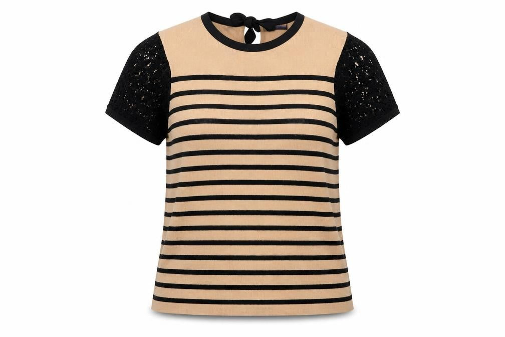 Marks and Spencer Womens Brown Round Neck Striped Acrylic Pullover Jumper Size 14 - Lace Sleeve