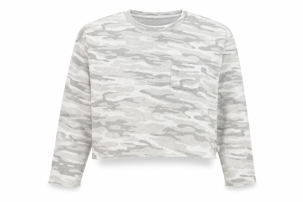 Front view of Wild Skye women’s grey camouflage cotton pullover sweatshirt, size M, pullover - cropped