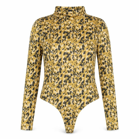 Front view of Primark women’s yellow animal print polyester bodysuit one-piece, size UK 12, snap