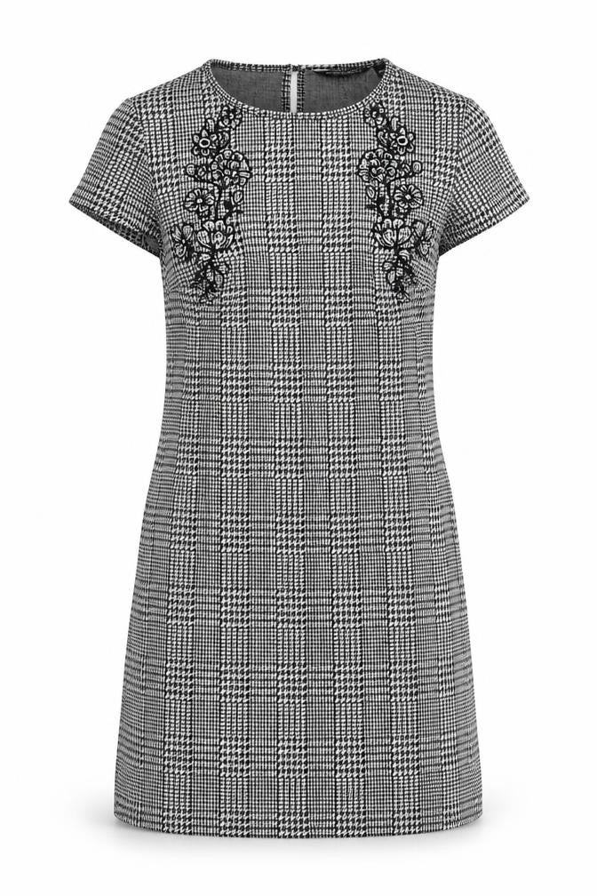 Front view of Dorothy Perkins women’s black houndstooth polyester shift, size UK 8, round neck button