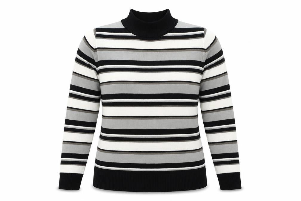 Front view of Pure & Natural women’s multicoloured high neck striped polyester jumper, size UK 14