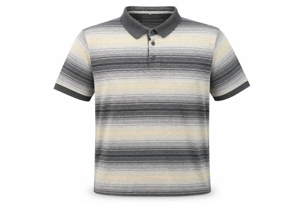 Front view of Boston Crew men’s multicoloured striped cotton polo, size L, collared button
