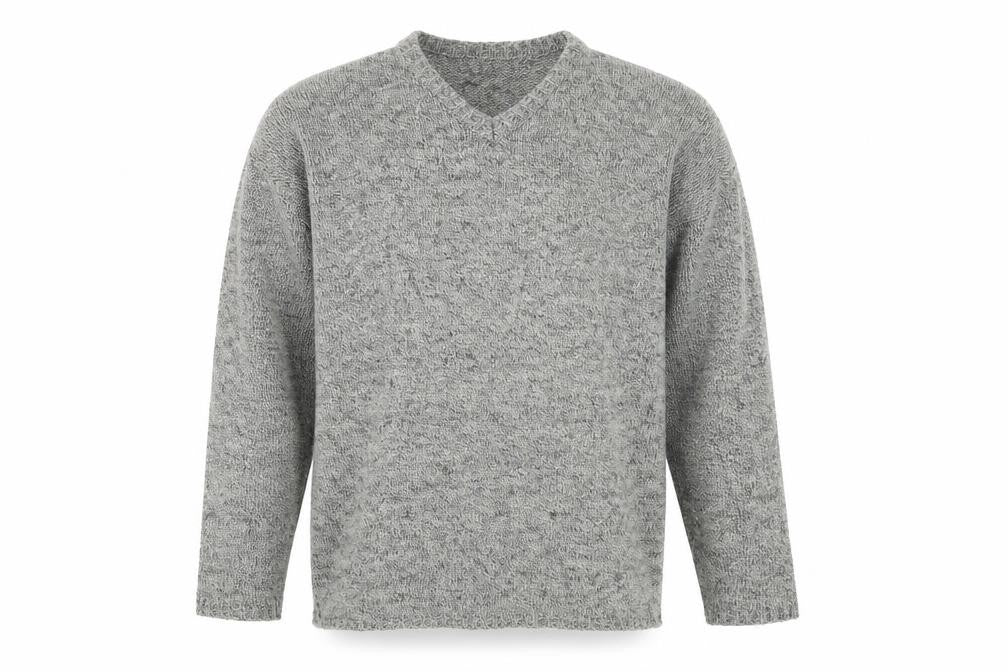 Front view of Pilot men’s grey v-neck acrylic jumper, size M