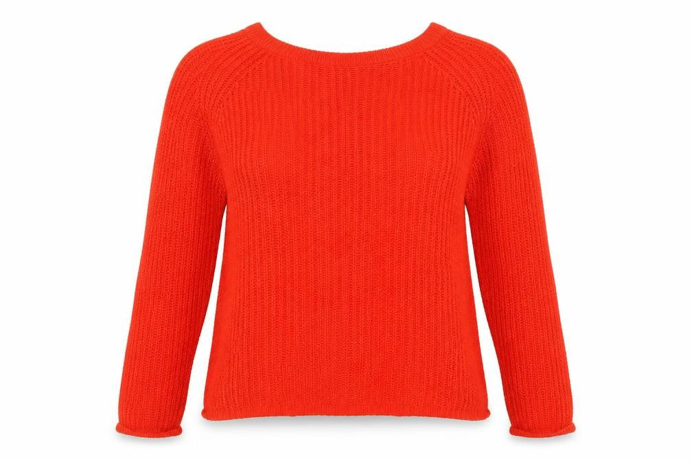 Front view of George women’s red round neck acrylic jumper, size UK 12