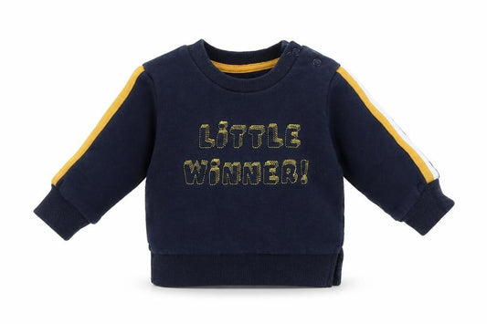Front view of Primark Baby Blue Polyester Basic T-Shirt, size 3-6, Months Round Neck Snap - Little Winner