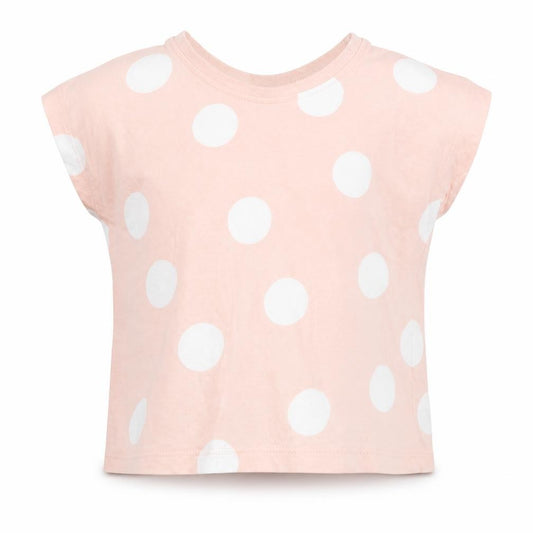 Front view of George girls’ pink polka dot cotton basic t-shirt, size 6-9, months round neck pullover