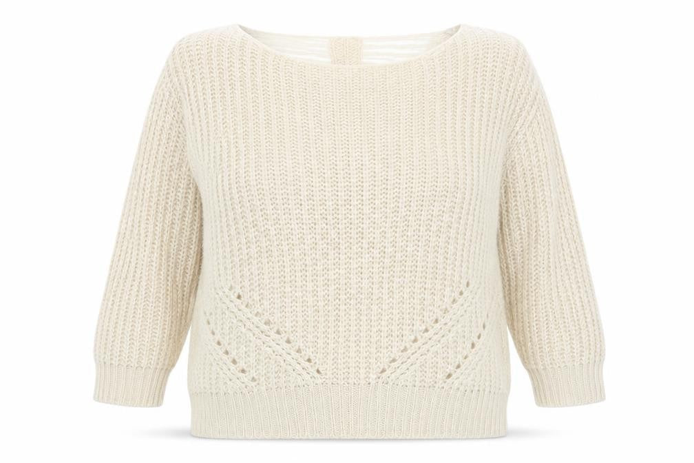 Front view of Internacionale women’s beige boat neck acrylic jumper, size UK 16