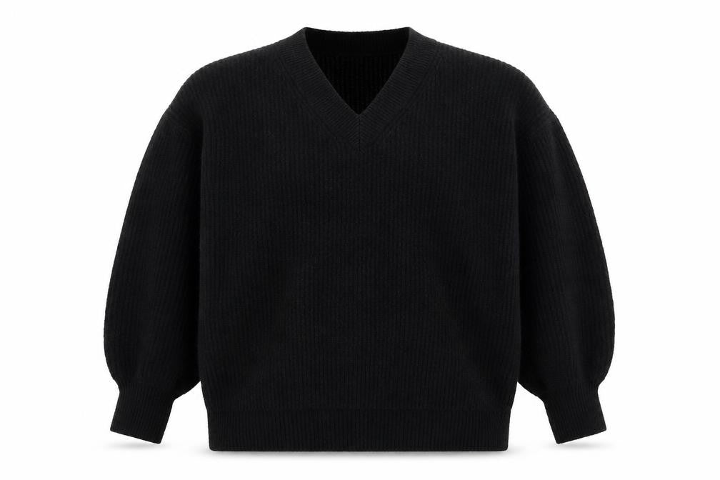 Front view of Primark women’s black v-neck polyester jumper, size S