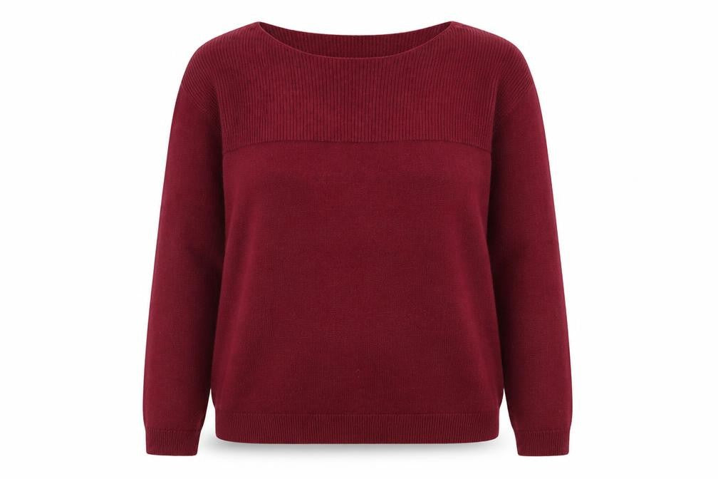Front view of Essentials women’s purple round neck acrylic jumper, size UK 10
