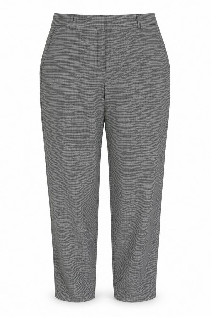 Front view of Marks & Spencer women’s grey geometric polyester trousers, size UK 12, 27-inch leg regular button