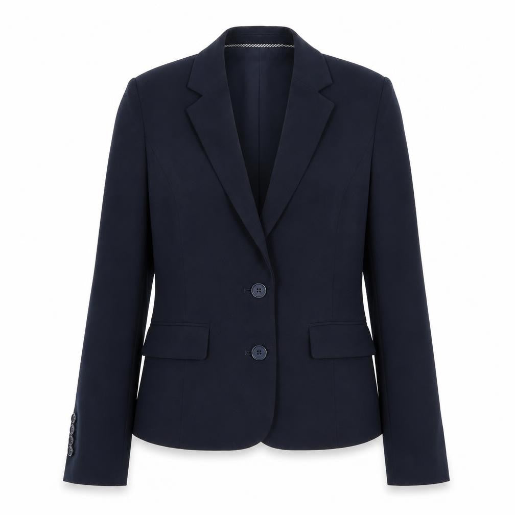 Front view of Marks & Spencer women’s blue polyester jacket suit jacket, size UK 12
