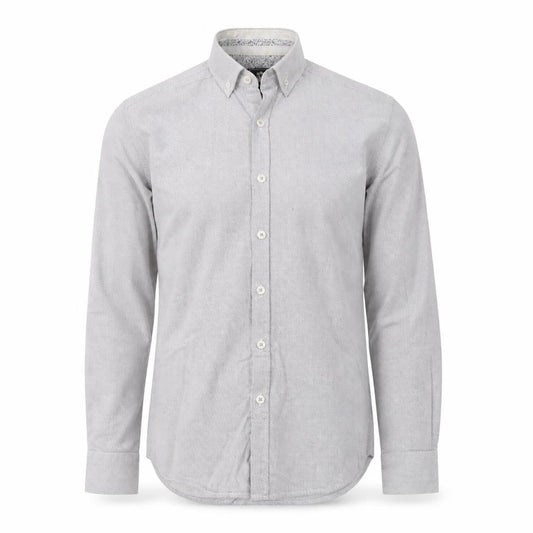 Front view of Steel & Jelly men’s grey polyester button-up, size S, collared button