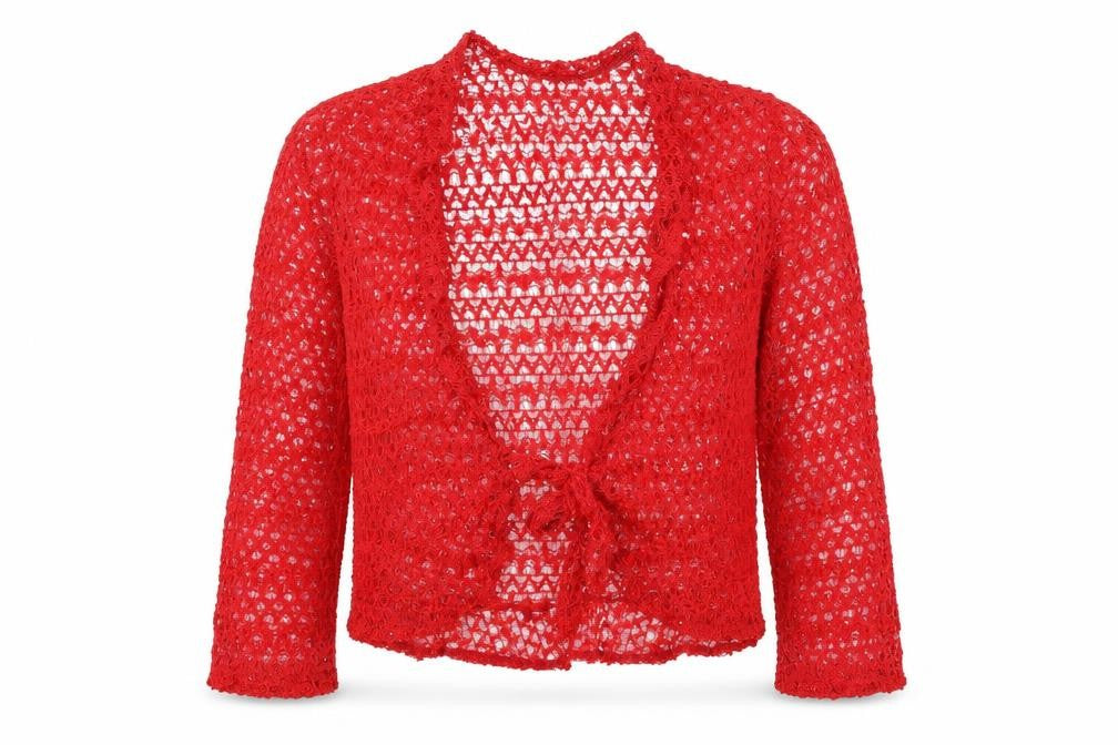 Front view of EWM women’s red v-neck polyester cardigan jumper, size M