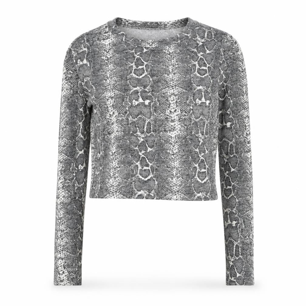 Front view of Zara women’s grey animal print viscose basic blouse, size S, round neck - snake print