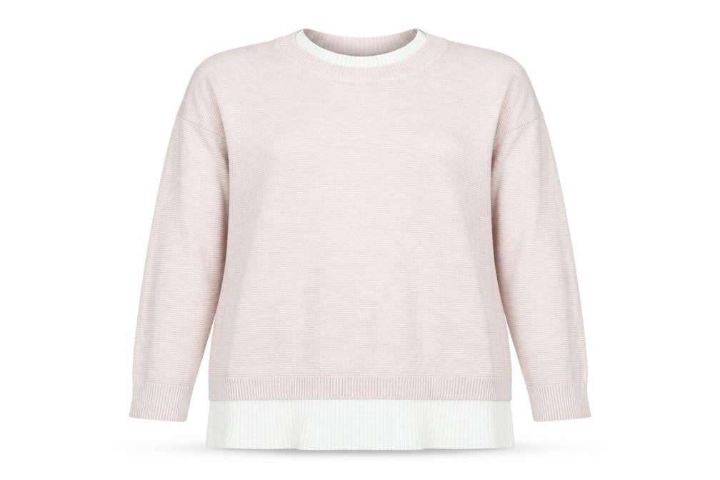 Front view of Preworn women’s pink round neck viscose jumper, size L