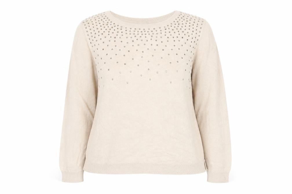 Front view of Oasis women’s beige round neck cotton jumper, size L