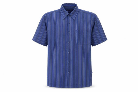 Front view of Innocenti men’s blue striped polyester button-up, size M, collared button