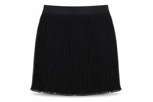 Front view of Be Beau women’s black polyester pleated skirt, size UK 10