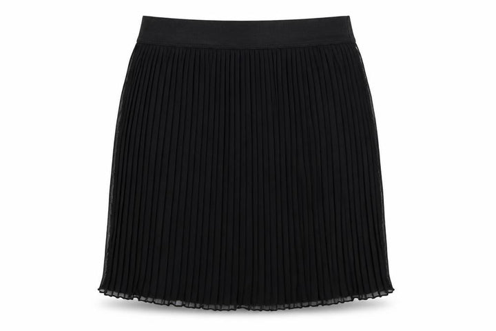 Front view of Be Beau women’s black polyester pleated skirt, size UK 10