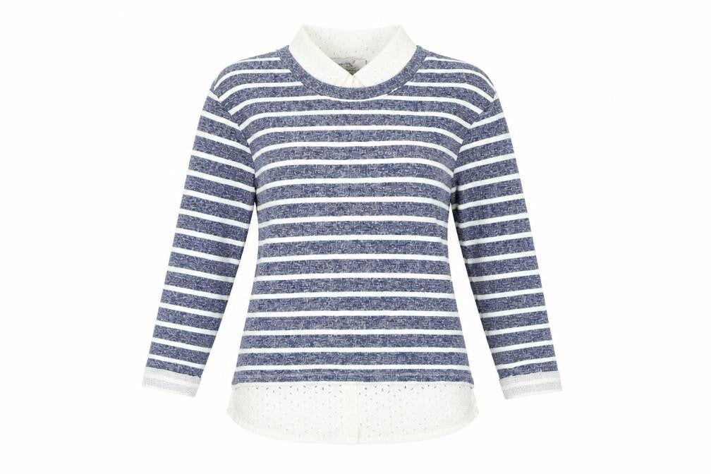 Front view of Per Una women’s blue collared striped 100% cotton jumper, size UK 10