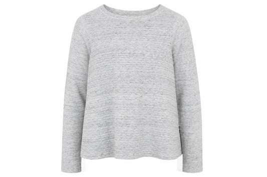 Front view of ASOS women’s grey round neck striped polyester jumper, size UK 8