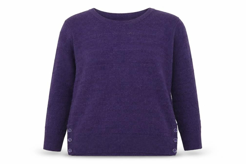 Front view of EWM women’s purple boat neck acrylic jumper, size UK 14