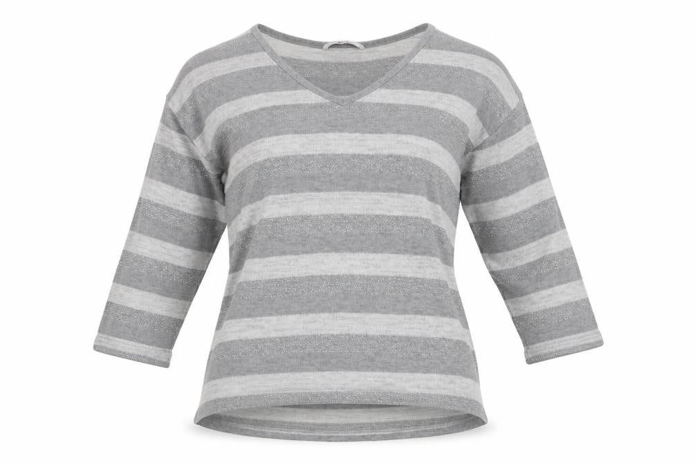 Front view of Tu women’s grey v-neck striped polyester jumper, size UK 10