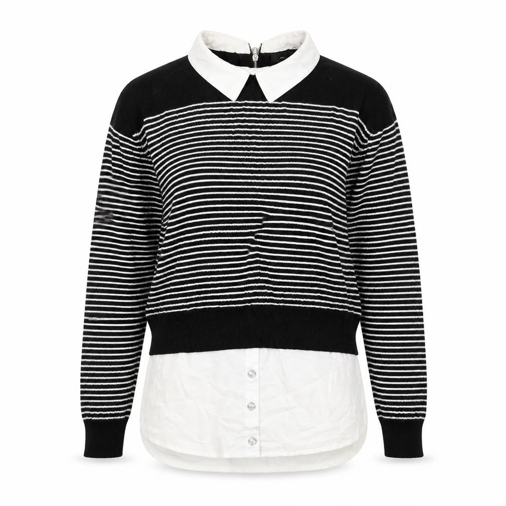 Front view of Atmosphere women’s black collared striped viscose jumper, size UK 10