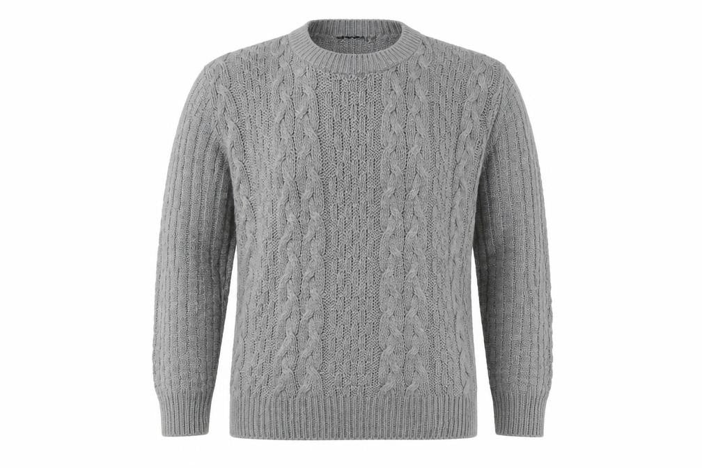 Front view of BE JEALOUS men’s grey crew neck acrylic jumper, size M