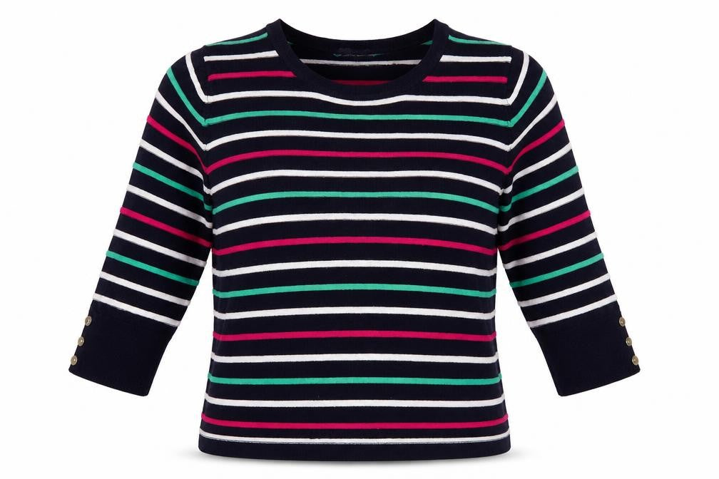 Front view of First Avenue women’s multicoloured round neck striped polyester jumper, size L