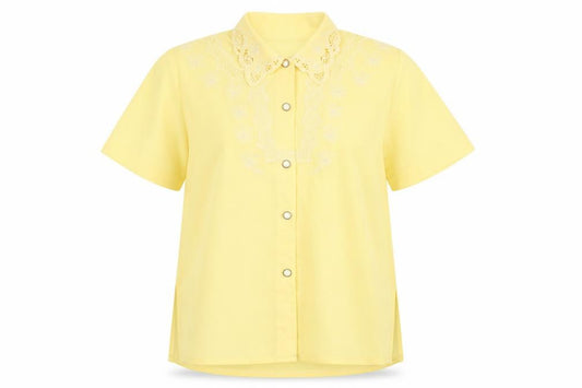 Front view of Saloos women’s yellow polyester basic button-up, size UK 14, collared