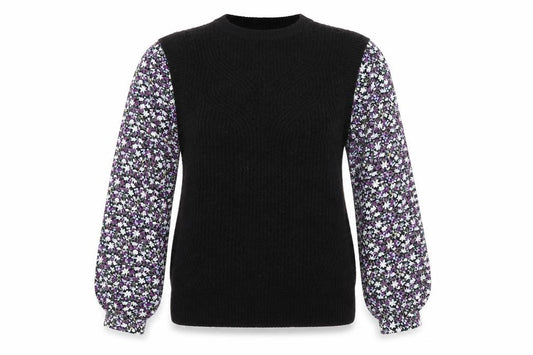 Front view of M&Co women’s black round neck floral polyester jumper, size UK 8