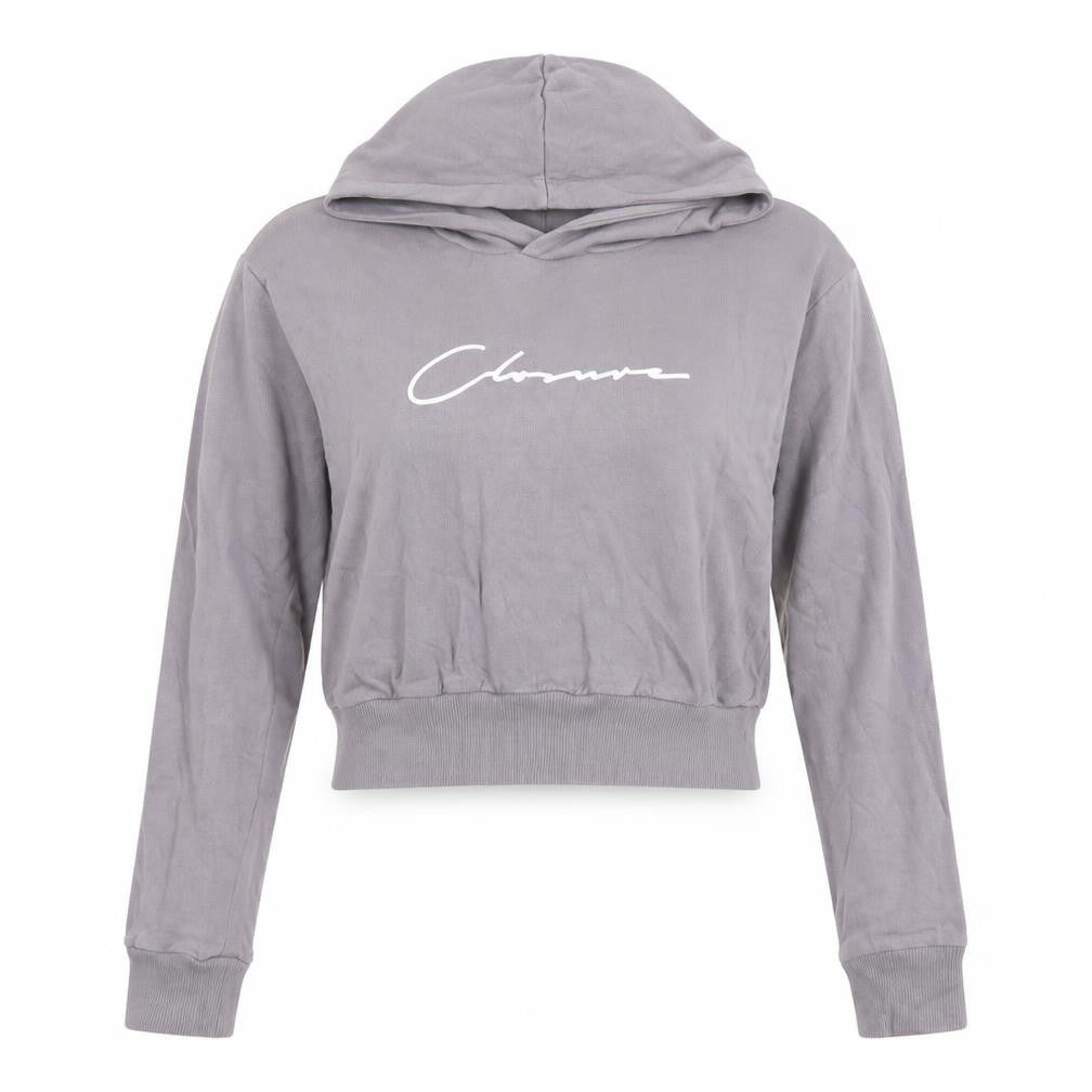 Front view of Closure women’s grey cotton pullover hoodie, size UK 6, pullover