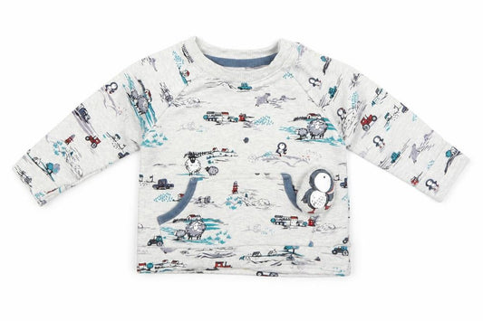 Front view of Nutmeg Baby Grey Geometric Cotton Pullover T-Shirt, size 3-6, Months Round Neck Pullover - Pengiun