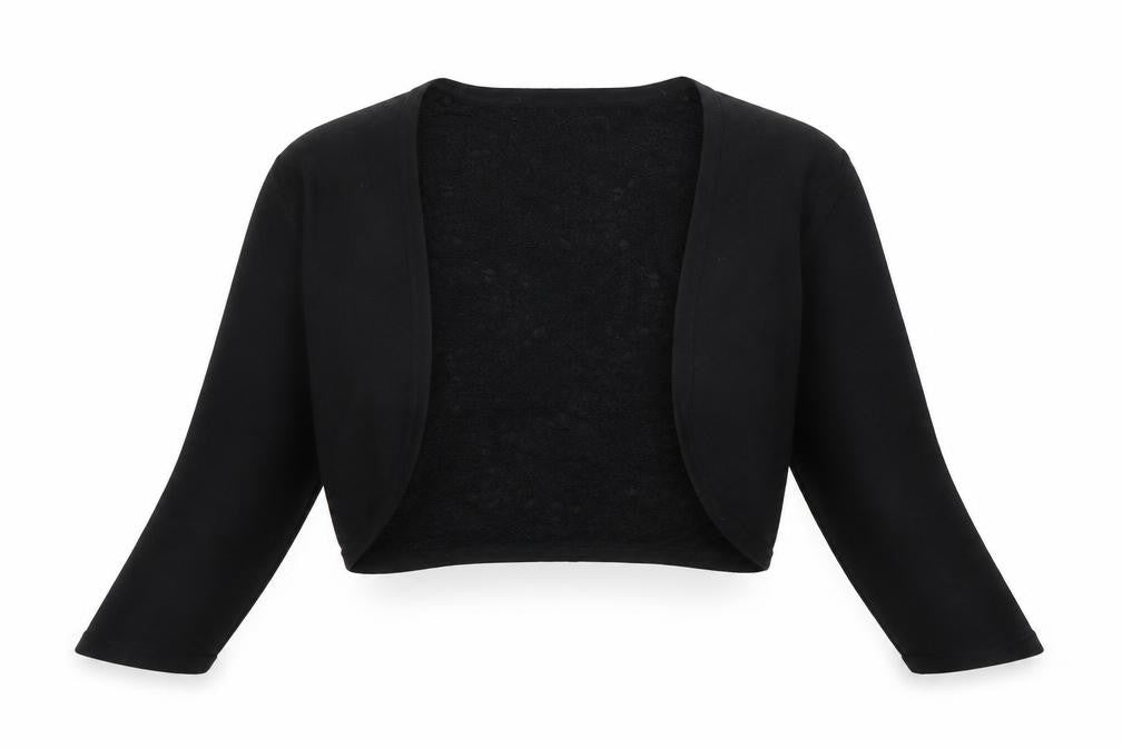 Front view of Monsoon women’s black v-neck polyester shrug jumper, size UK 10