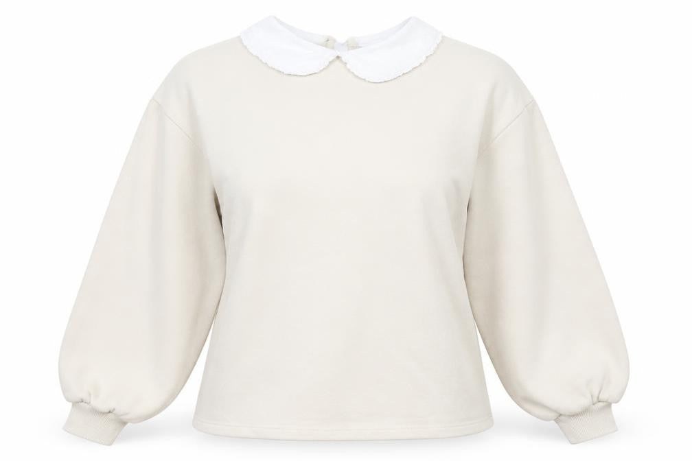 Front view of H&M women’s beige cotton pullover sweatshirt, size L, pullover