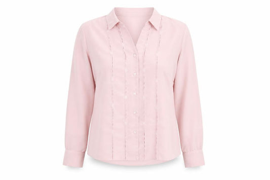 Front view of FOSBY women’s pink polyester basic button-up, size UK 14, collared