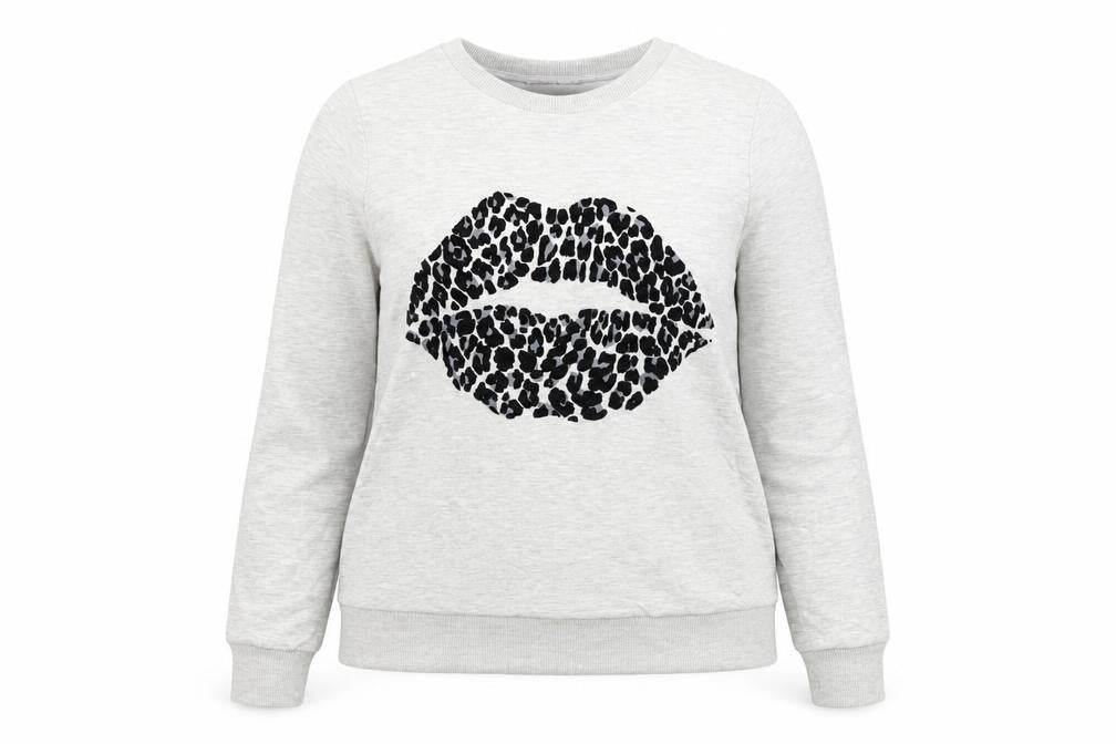 Front view of Tu women’s grey cotton pullover sweatshirt, size UK 8, pullover - leopard print lips