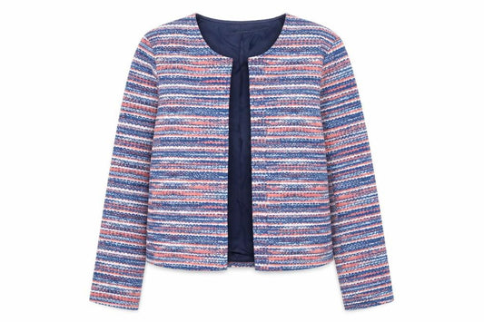 Front view of Anne De Lancay women’s blue striped jacket blazer, size S
