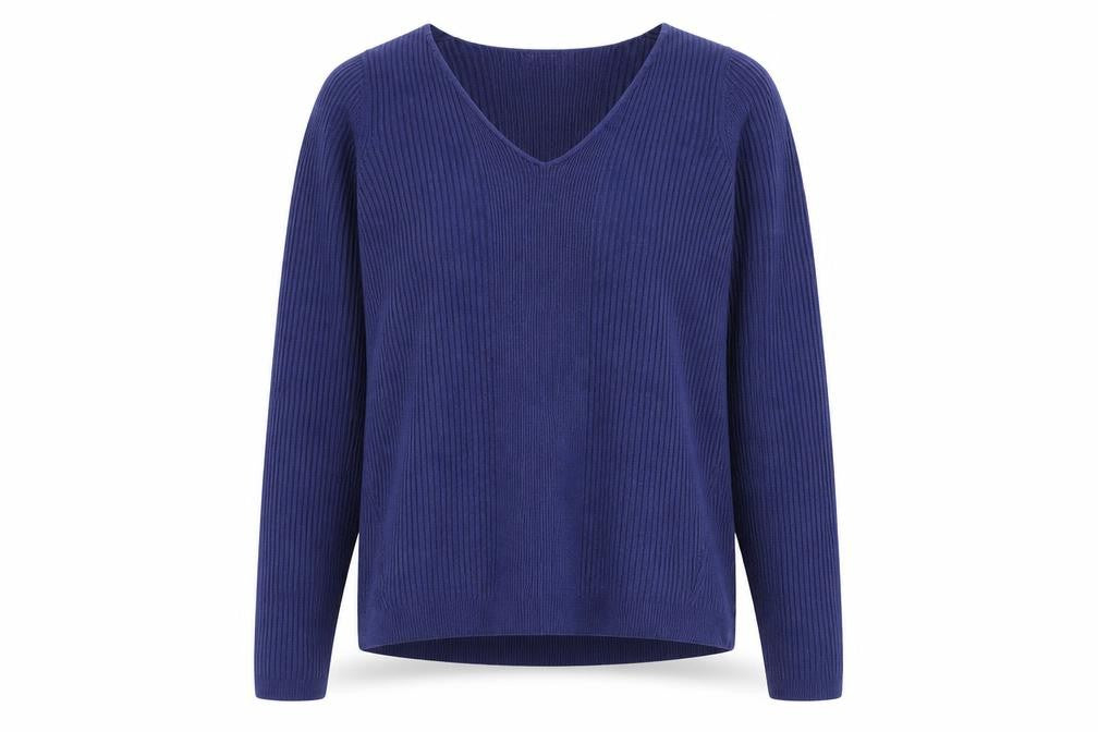 Front view of Marks & Spencer women’s blue v-neck acrylic jumper, size UK 10