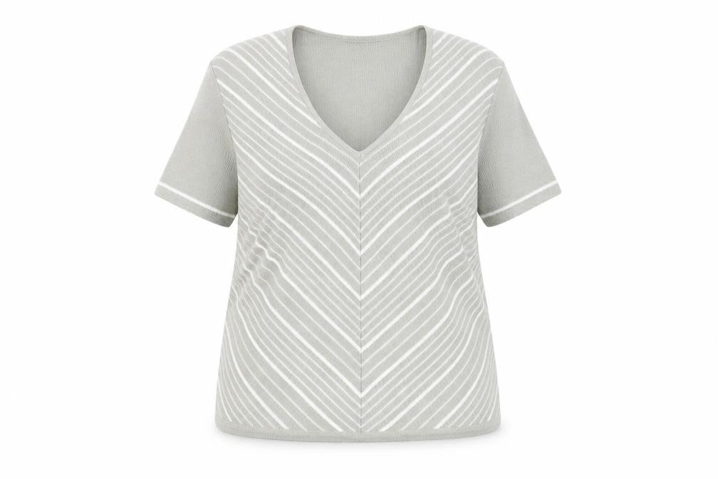 Front view of Berkertex women’s grey v-neck striped acrylic jumper, size UK 14