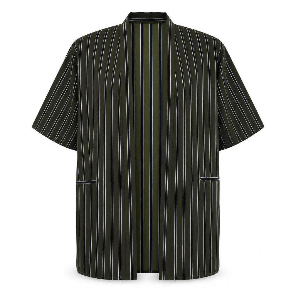 Front view of Atmosphere women’s green striped kimono jacket, size UK 16, - short sleeve
